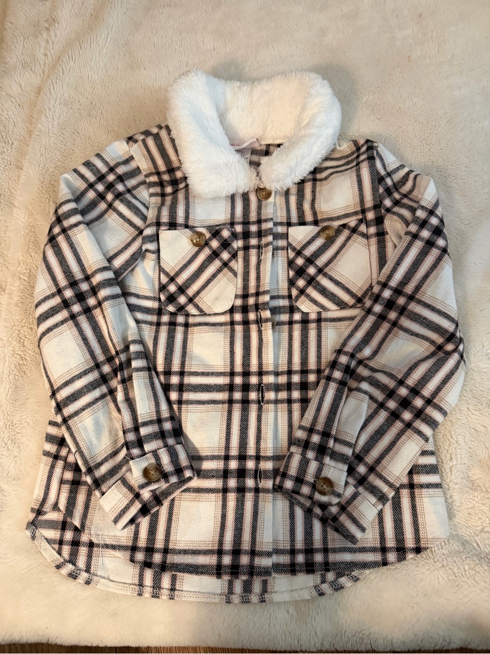 Little Lass Cream Plaid Faux-Fur Collar Pea Coat